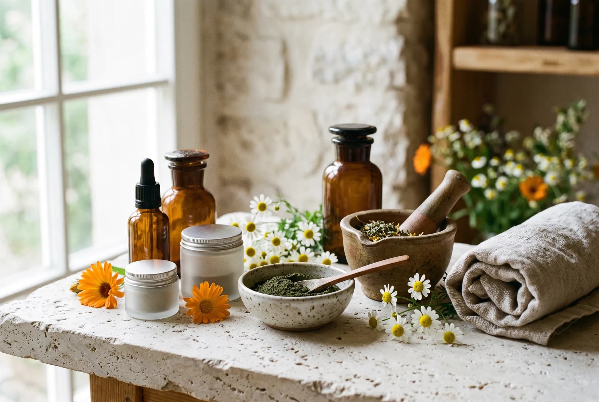 Naturkosmetik-Zutaten: Braunglasflaschen, Kräuter im Mörser, Kamille und Ringelblume (Symbolbild).