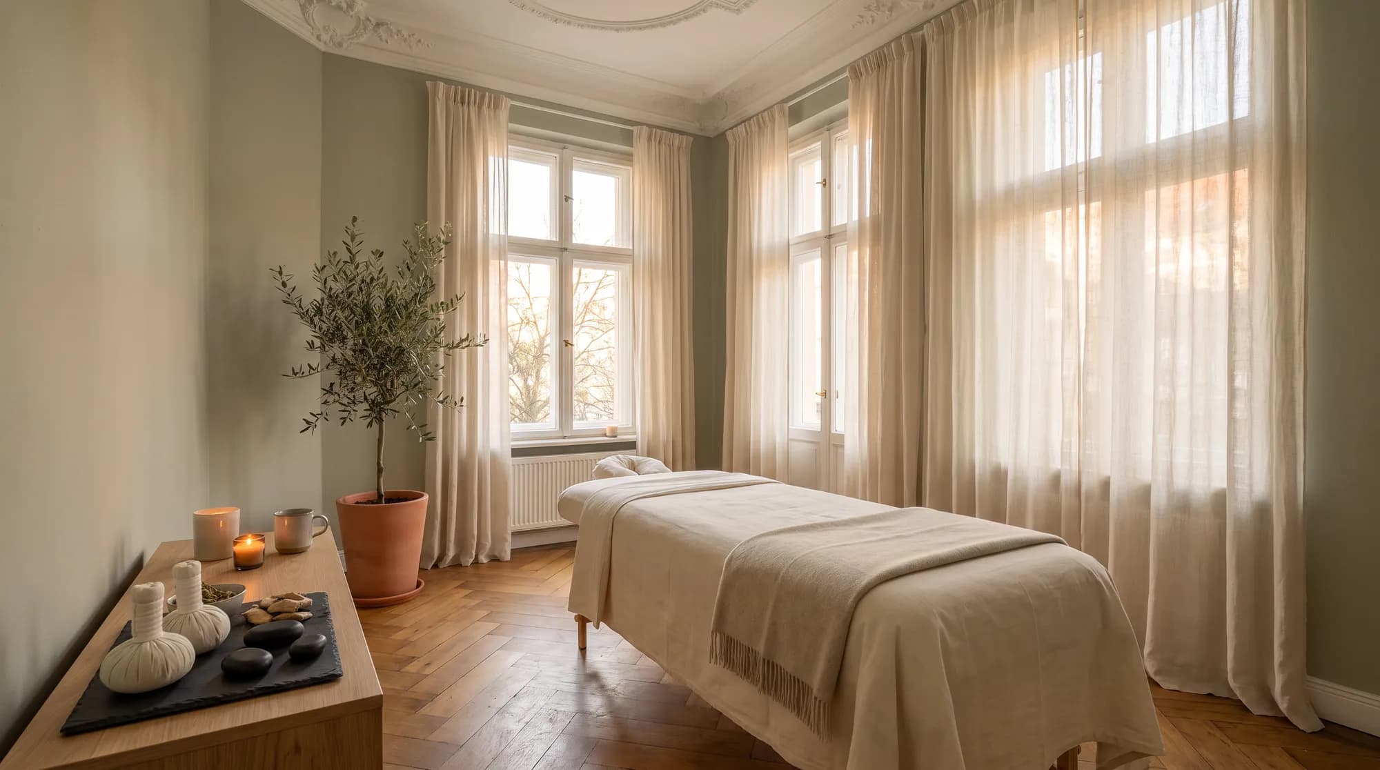 Heller Behandlungsraum mit Massageliege, Leinenvorhängen und Olivenbaum (Symbolbild).